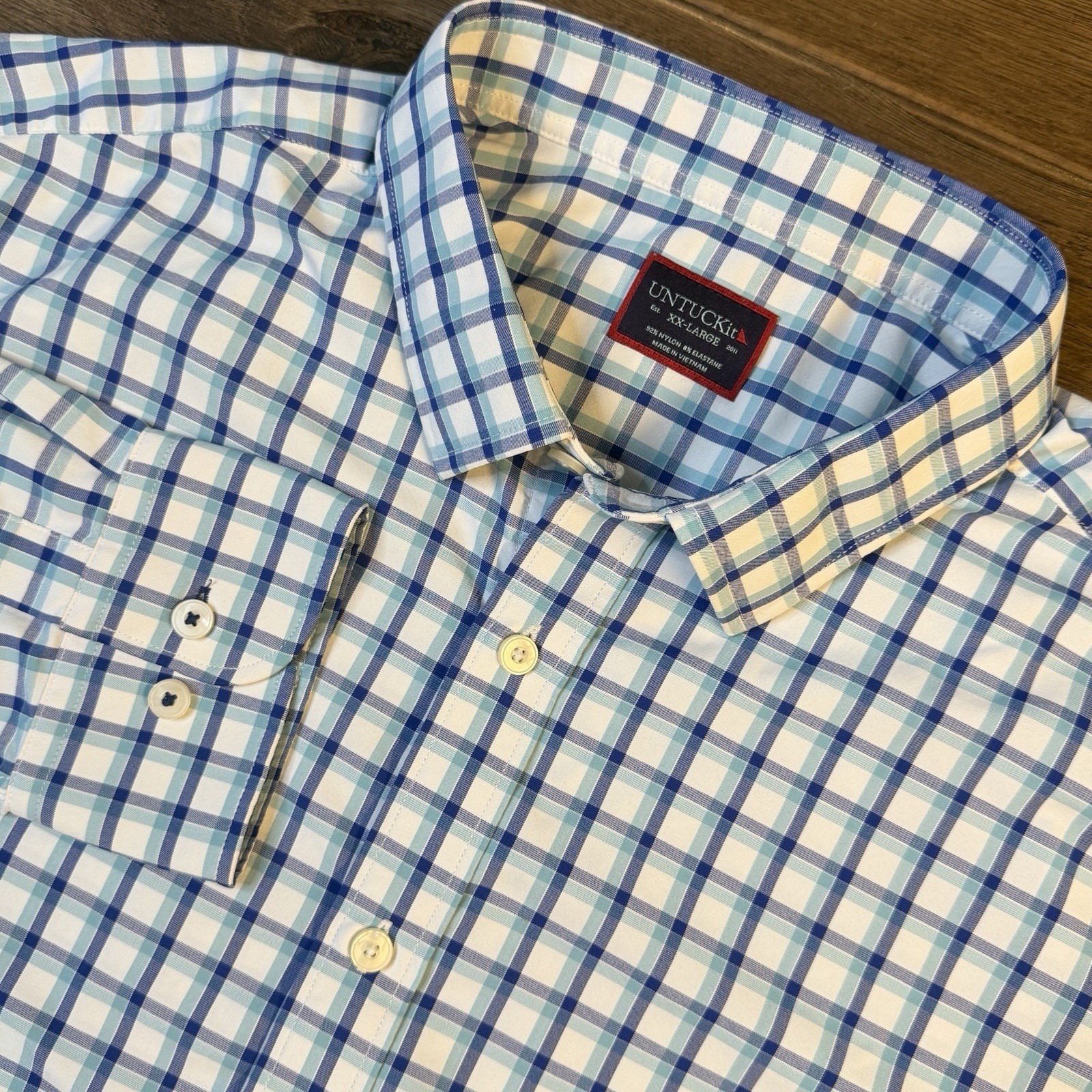 Untuckit Performance Button Shirt Men's 2xl Blue Foris Nylon Stretch Plaid
